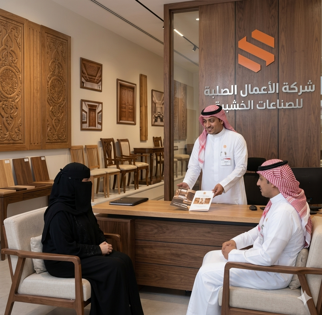 فريق شركة الاعمال الصلبة يستقبل عميلًا داخل المعرض