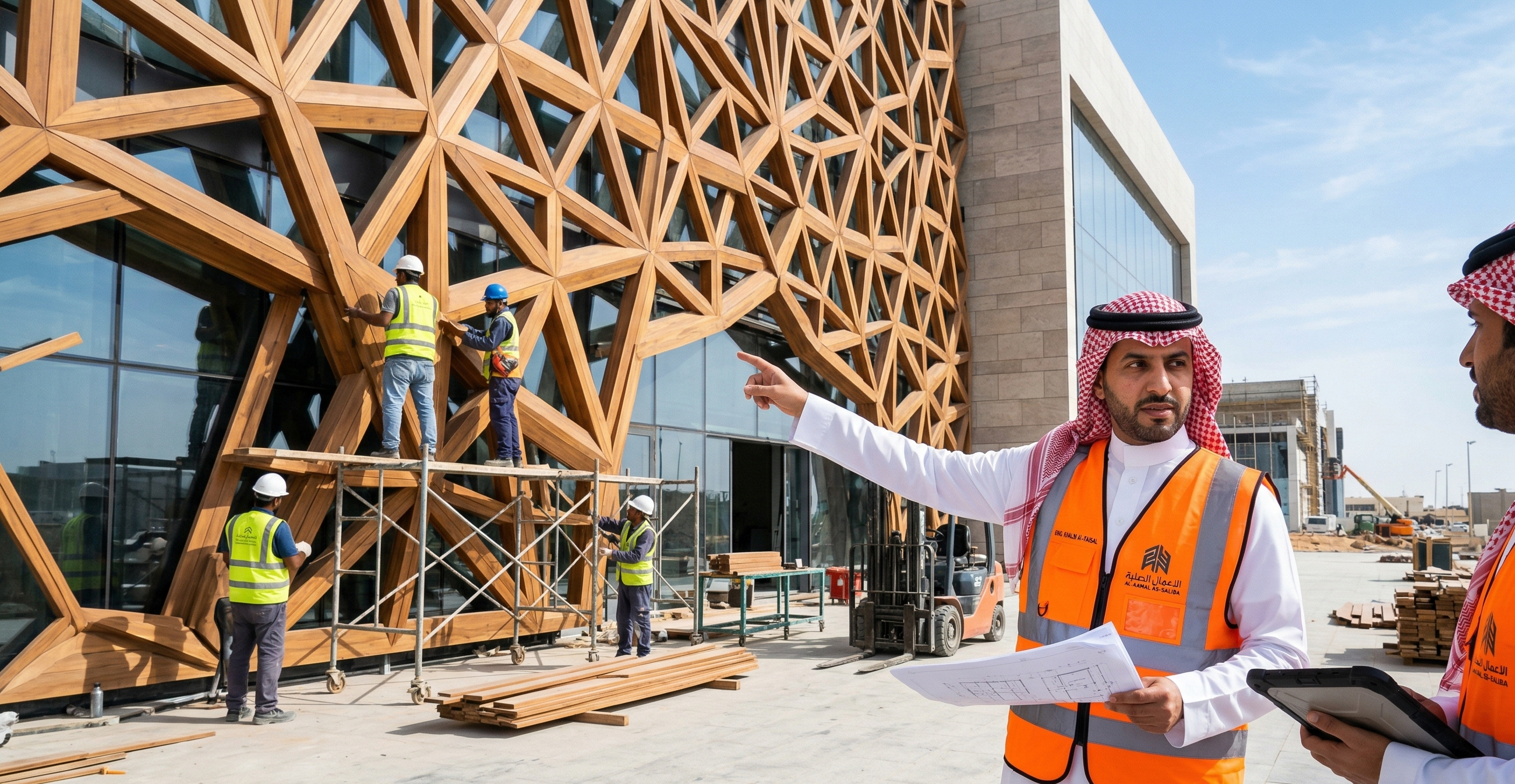 مهندس يشرف على تنفيذ واجهة خشبية مع فريق العمل